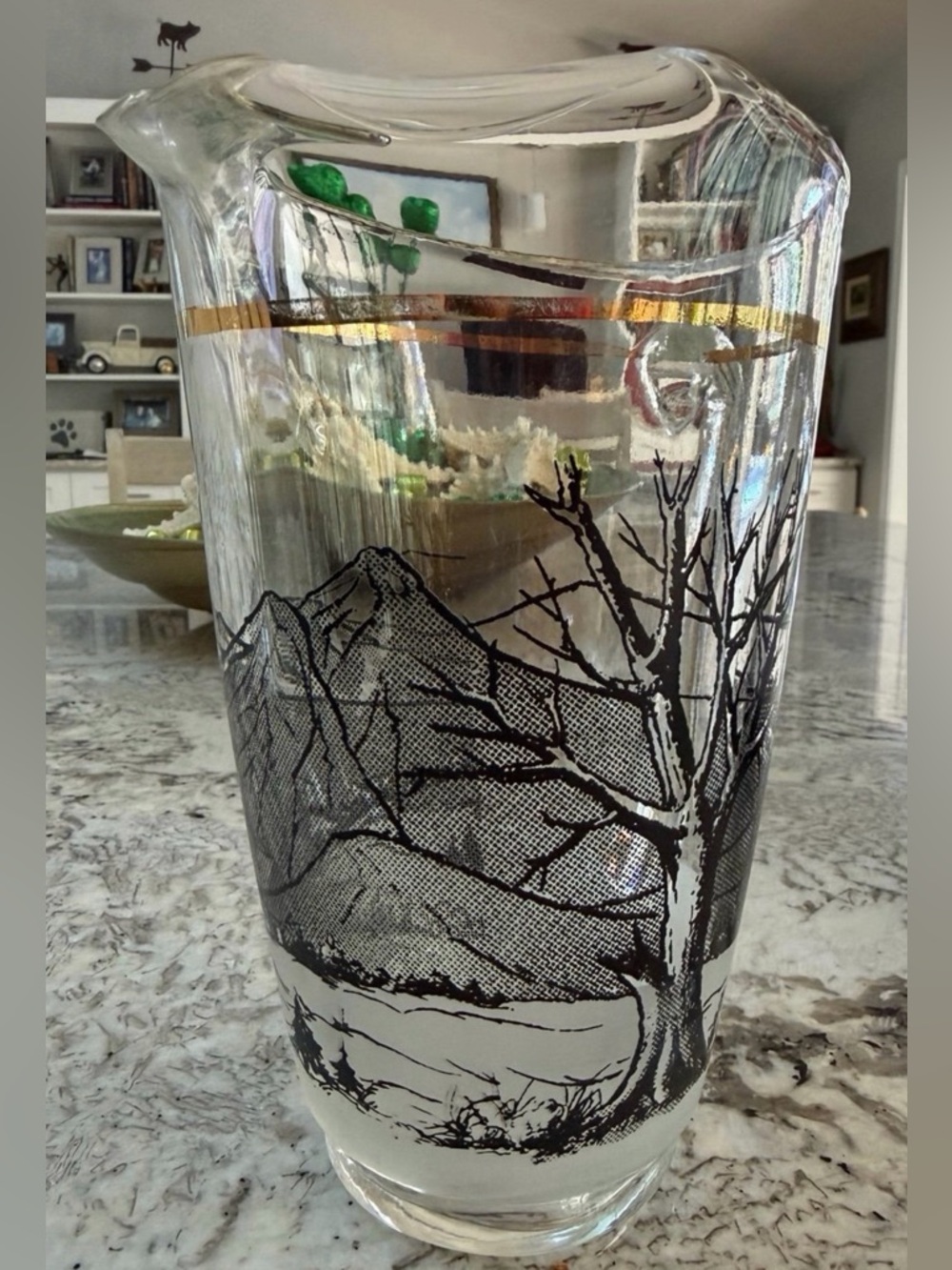 Vtg MCM Glass Pitcher Black Winter Tree Mountain Scene Gold Rim Ice Lip 7” - Picture 12 of 12